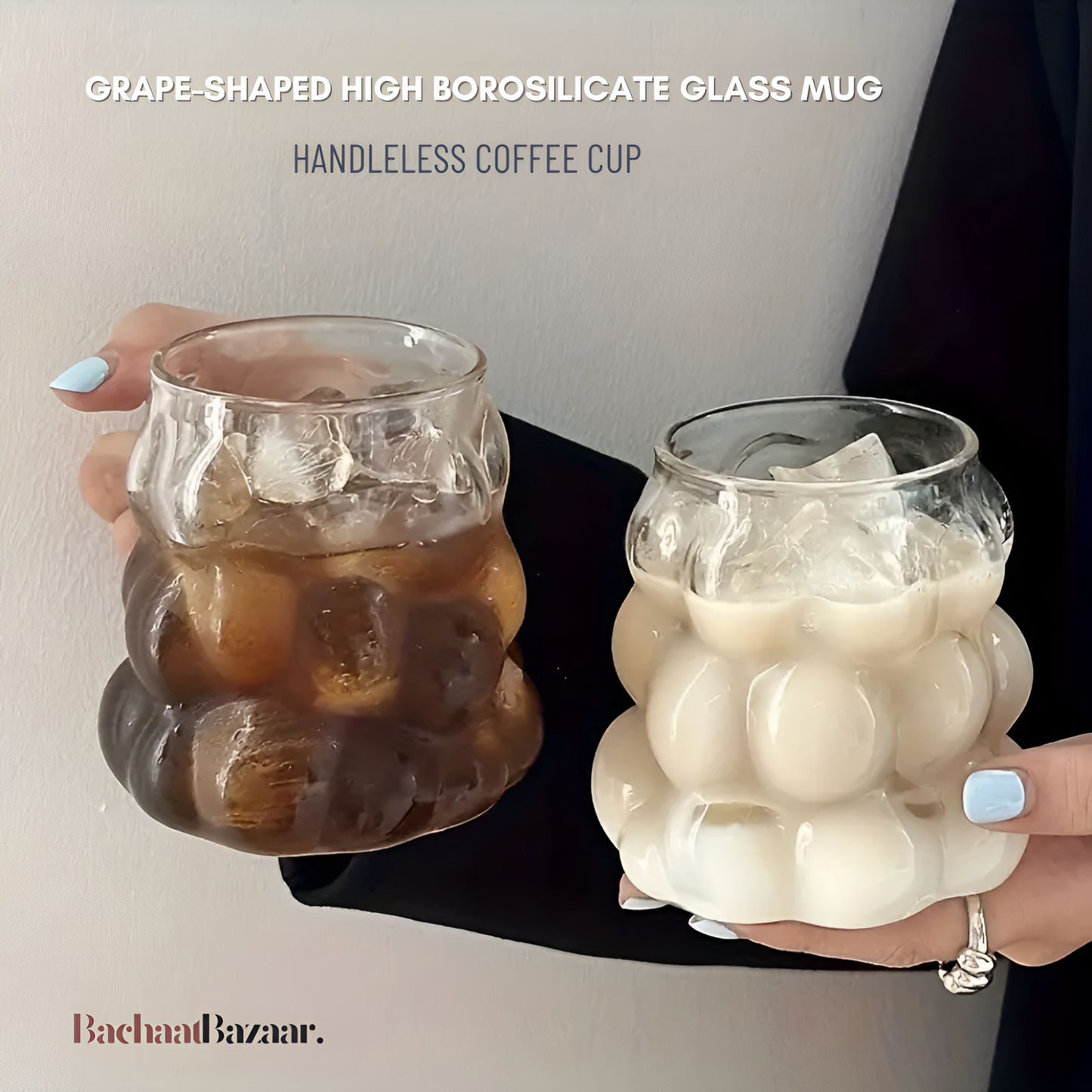 Grape-shaped High Borosilicate Glass Mug with wooden lid and glass straw