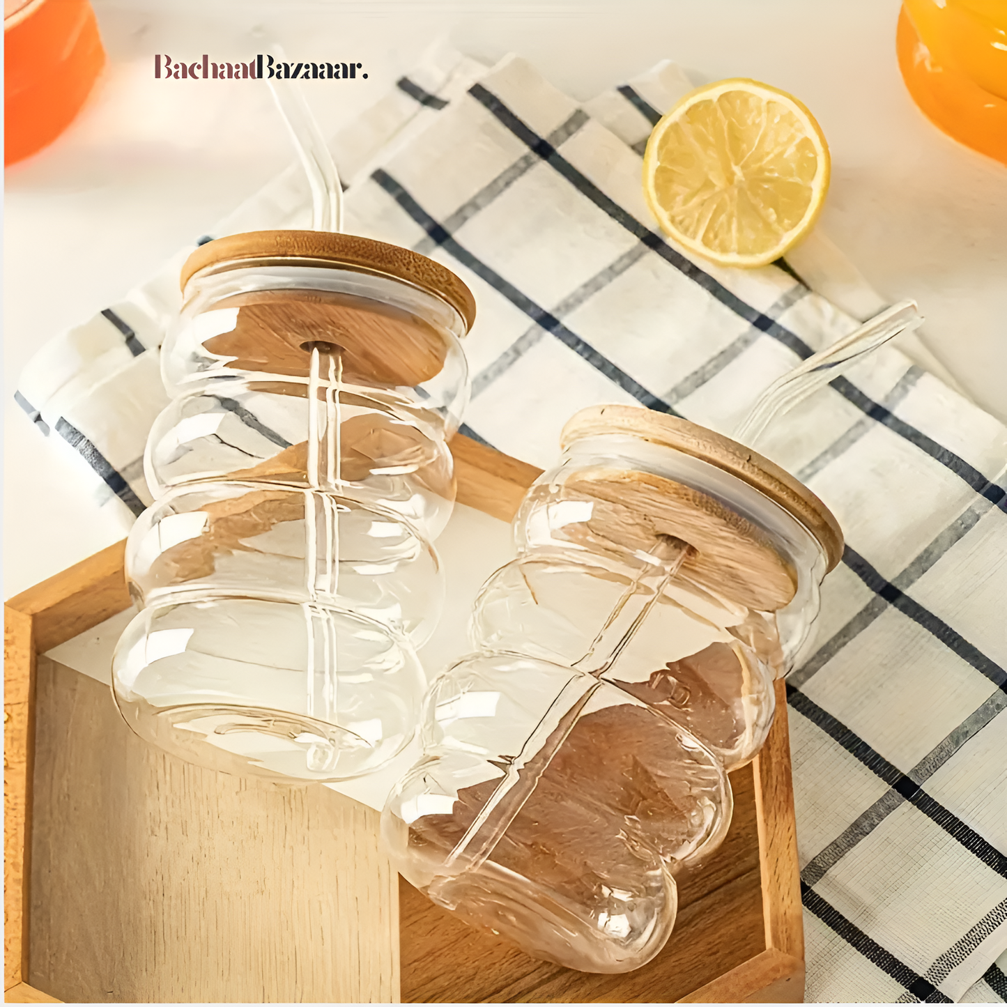 500ml Caterpillar Glass Cups with Bamboo Wooden Lid & Straw.