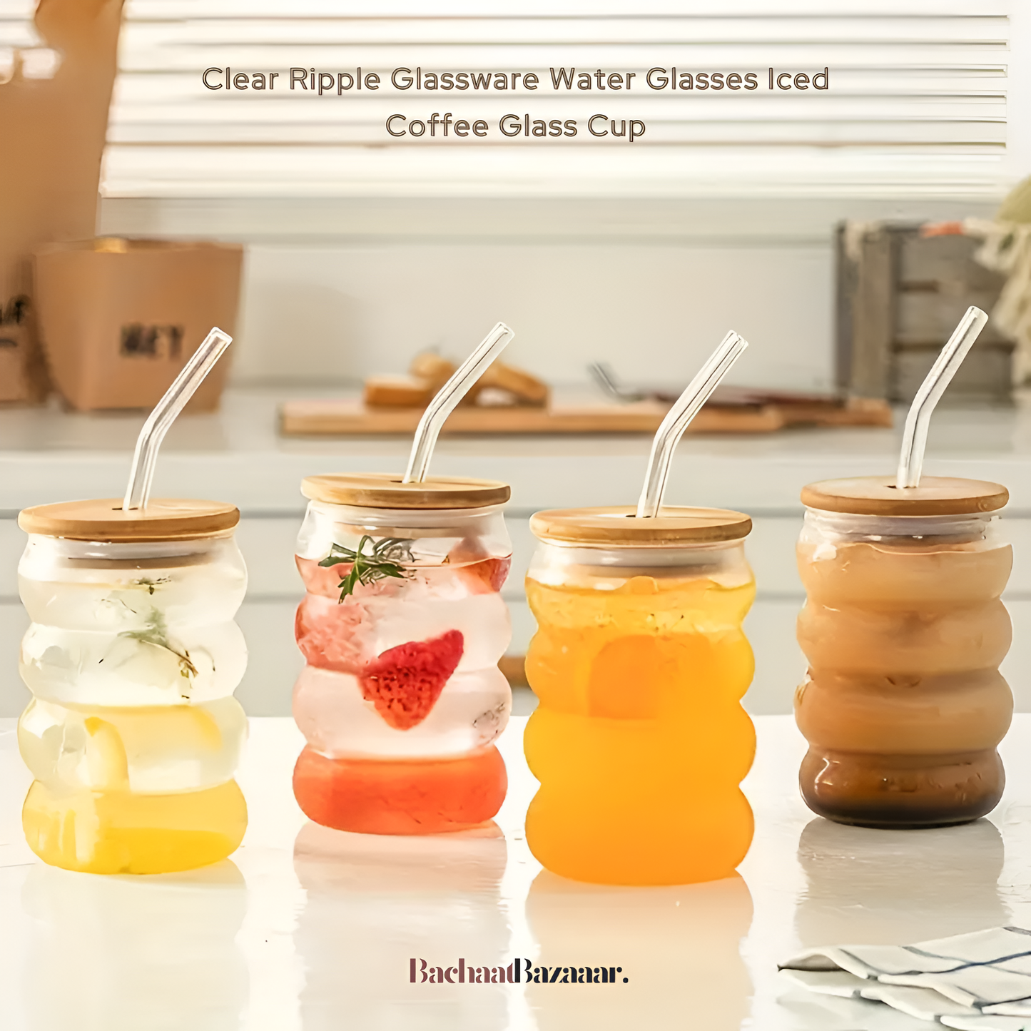 500ml Caterpillar Glass Cups with Bamboo Wooden Lid & Straw.