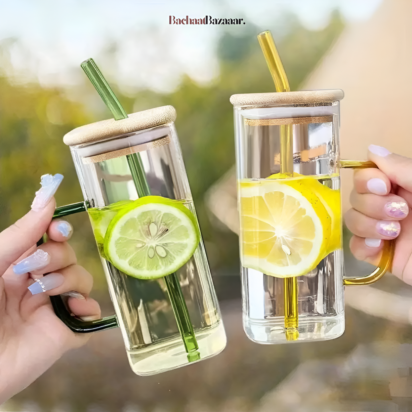 1pc Square Tea And Coffee Glass Mug with Wooden Lid And Colored Glass Straw