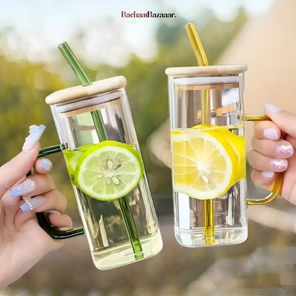 1pc Square Tea And Coffee Glass Mug with Wooden Lid And Colored Glass Straw