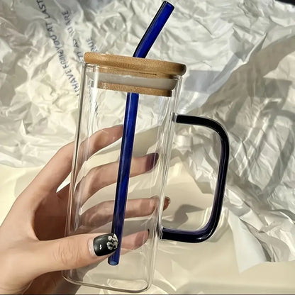 1pc Square Tea And Coffee Glass Mug with Wooden Lid And Colored Glass Straw