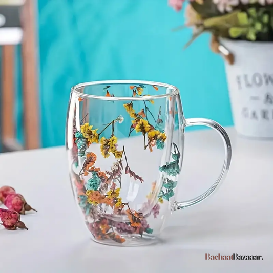 11.83oz Elegant Floral Glass Coffee Mug, Double-Walled Espresso Cup