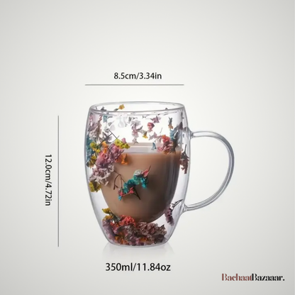 11.83oz Elegant Floral Glass Coffee Mug, Double-Walled Espresso Cup