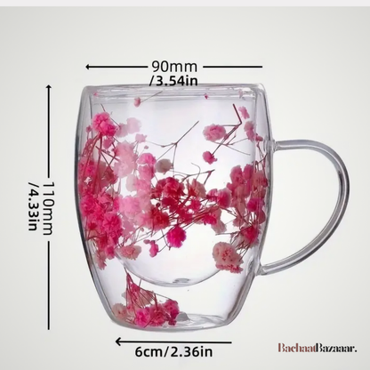 350ml Elegant Floral Glass Coffee Mug, Double-Walled Espresso Cup.