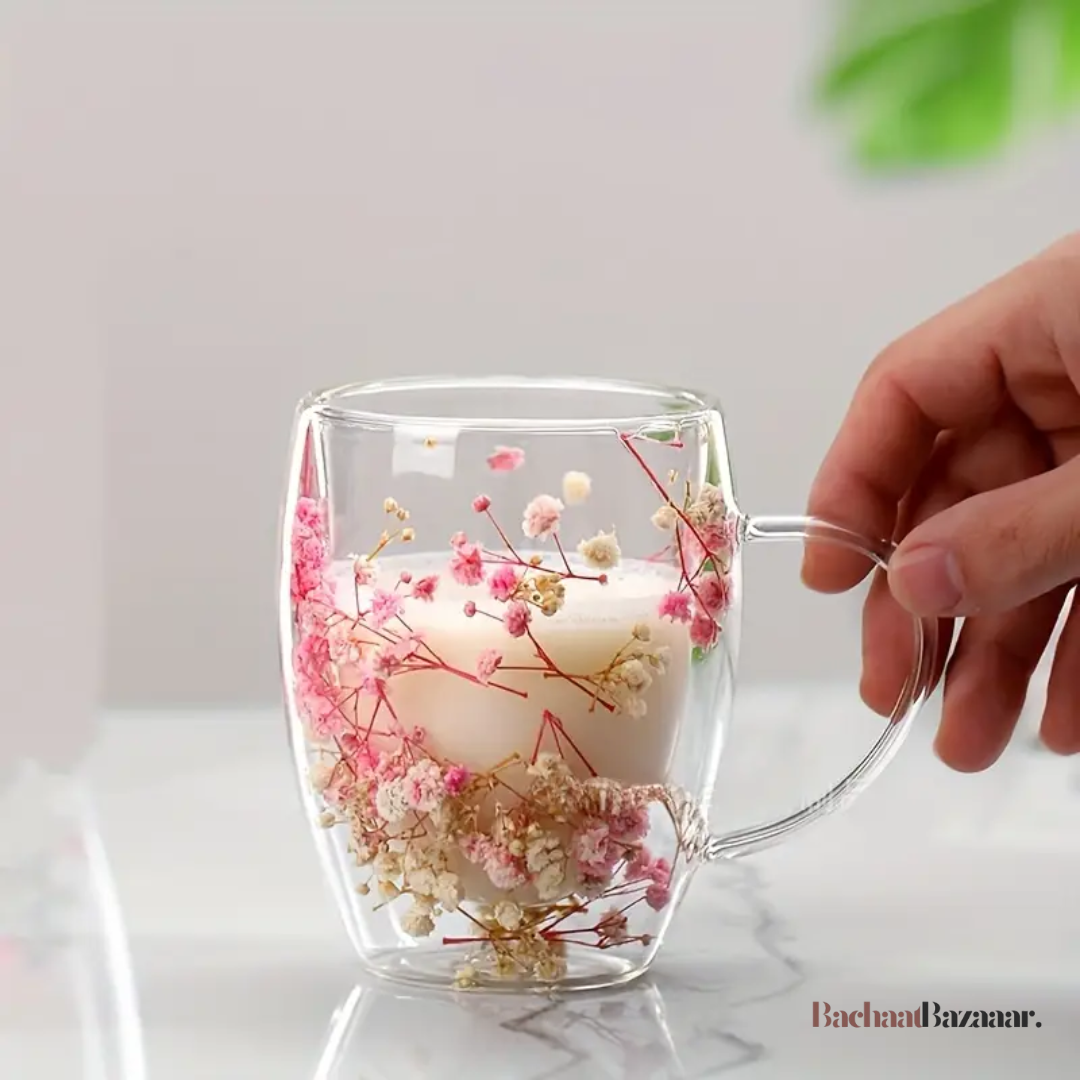 350ml Elegant Floral Glass Coffee Mug, Double-Walled Espresso Cup.