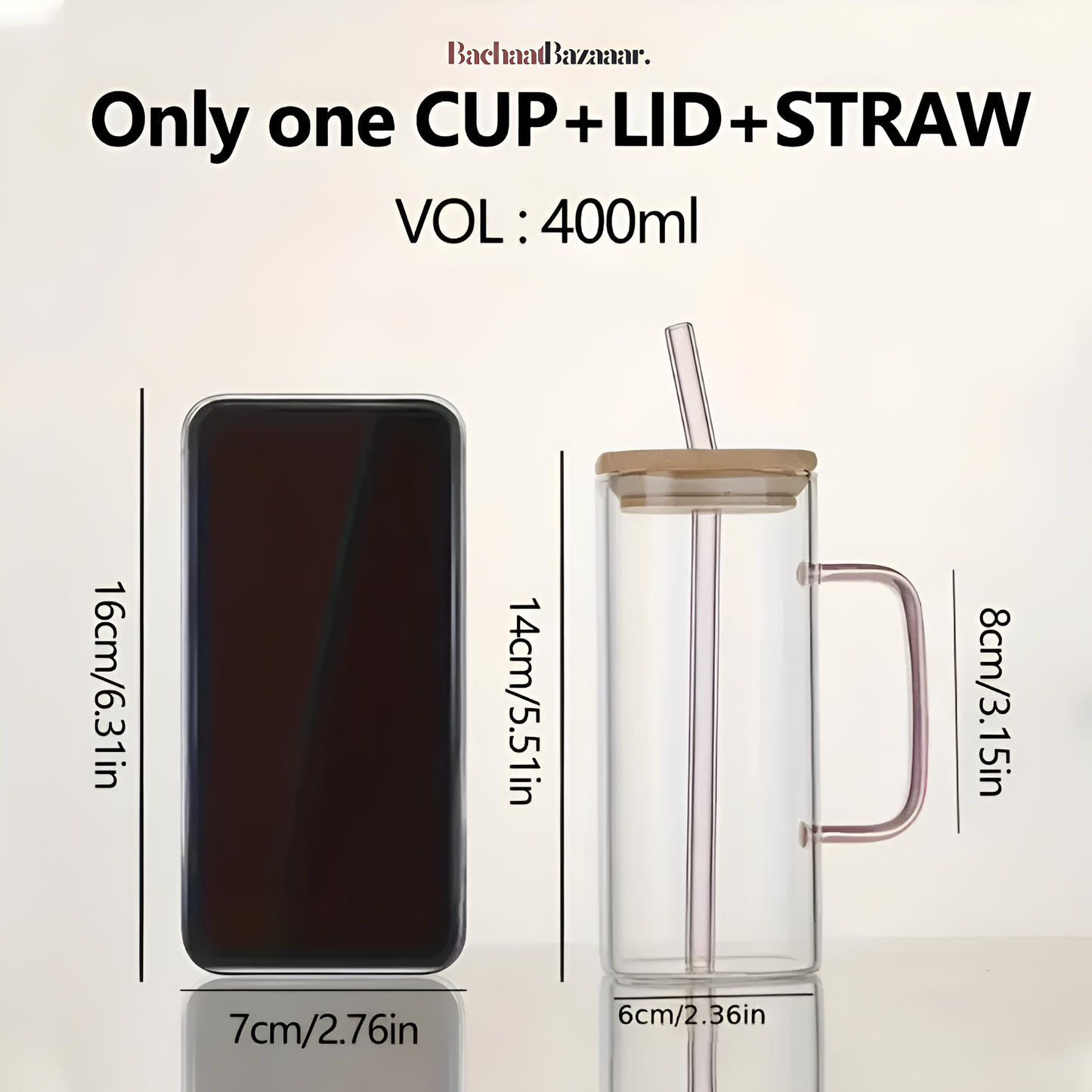 1pc Square Tea And Coffee Glass Mug with Wooden Lid And Colored Glass Straw