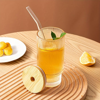 500ml Ribbed Glass cup with bamboo lid and Glass Straw