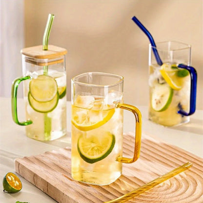 1pc Square Tea And Coffee Glass Mug with Wooden Lid And Colored Glass Straw