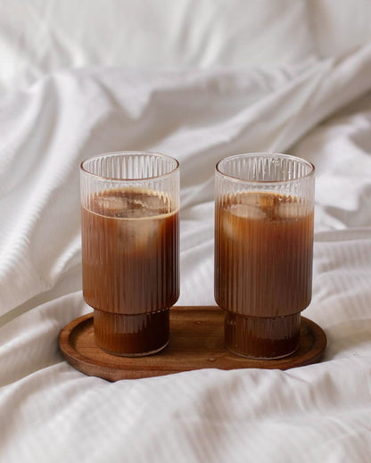 500ml Ribbed Glass cup with bamboo lid and Glass Straw