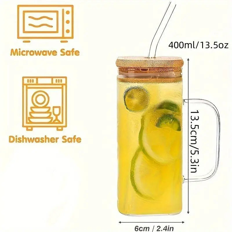 1pc Square Tea And Coffee Glass Mug with Wooden Lid And Colored Glass Straw