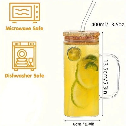 1pc Square Tea And Coffee Glass Mug with Wooden Lid And Colored Glass Straw