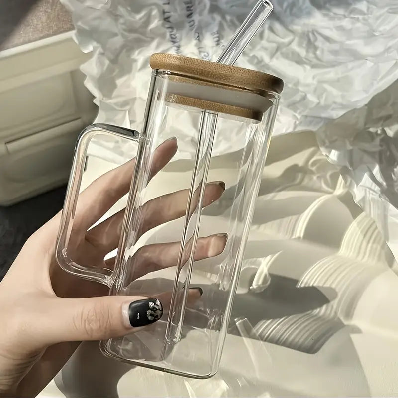 1pc Square Tea And Coffee Glass Mug with Wooden Lid And Colored Glass Straw