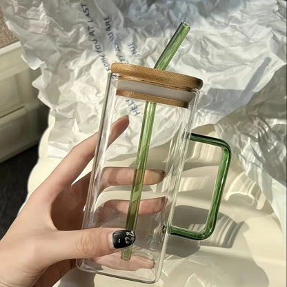 1pc Square Tea And Coffee Glass Mug with Wooden Lid And Colored Glass Straw