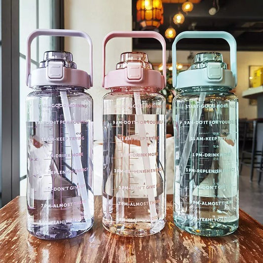 2L Large Capacity Sports Cup Water Bottle with Straw & Time Marker