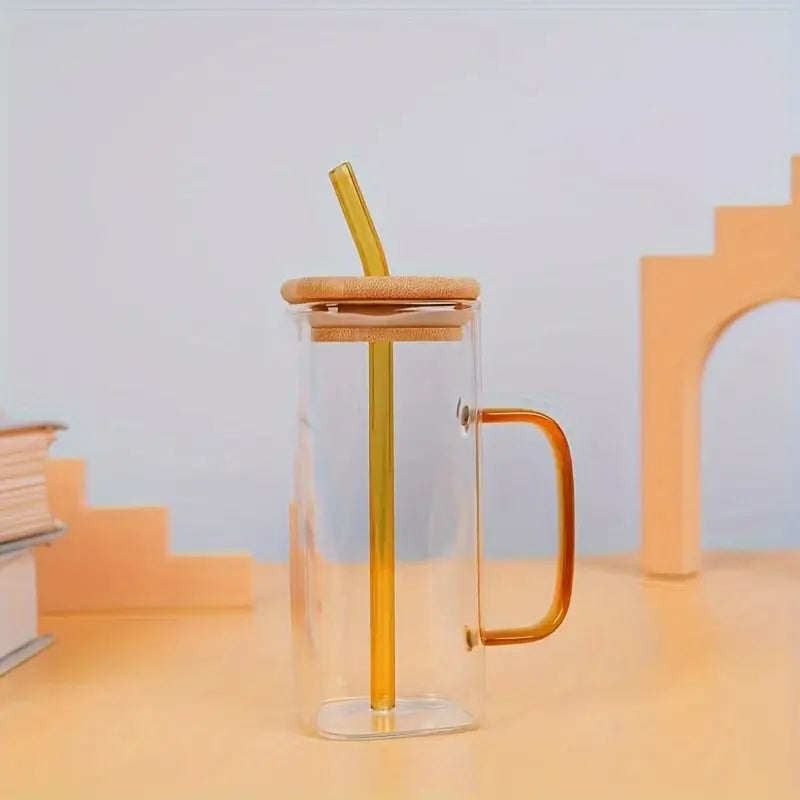 1pc Square Tea And Coffee Glass Mug with Wooden Lid And Colored Glass Straw