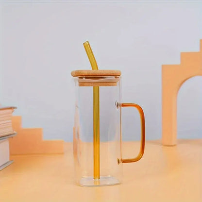 1pc Square Tea And Coffee Glass Mug with Wooden Lid And Colored Glass Straw