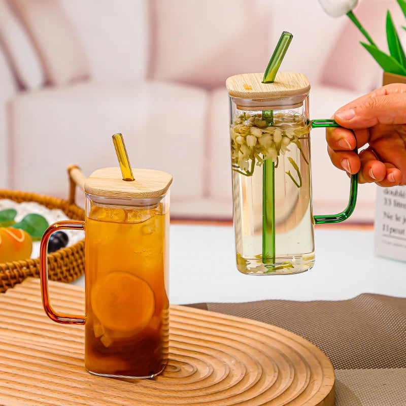1pc Square Tea And Coffee Glass Mug with Wooden Lid And Colored Glass Straw