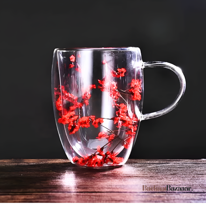 350ml Floral Patterned Double-Walled Glass Mug