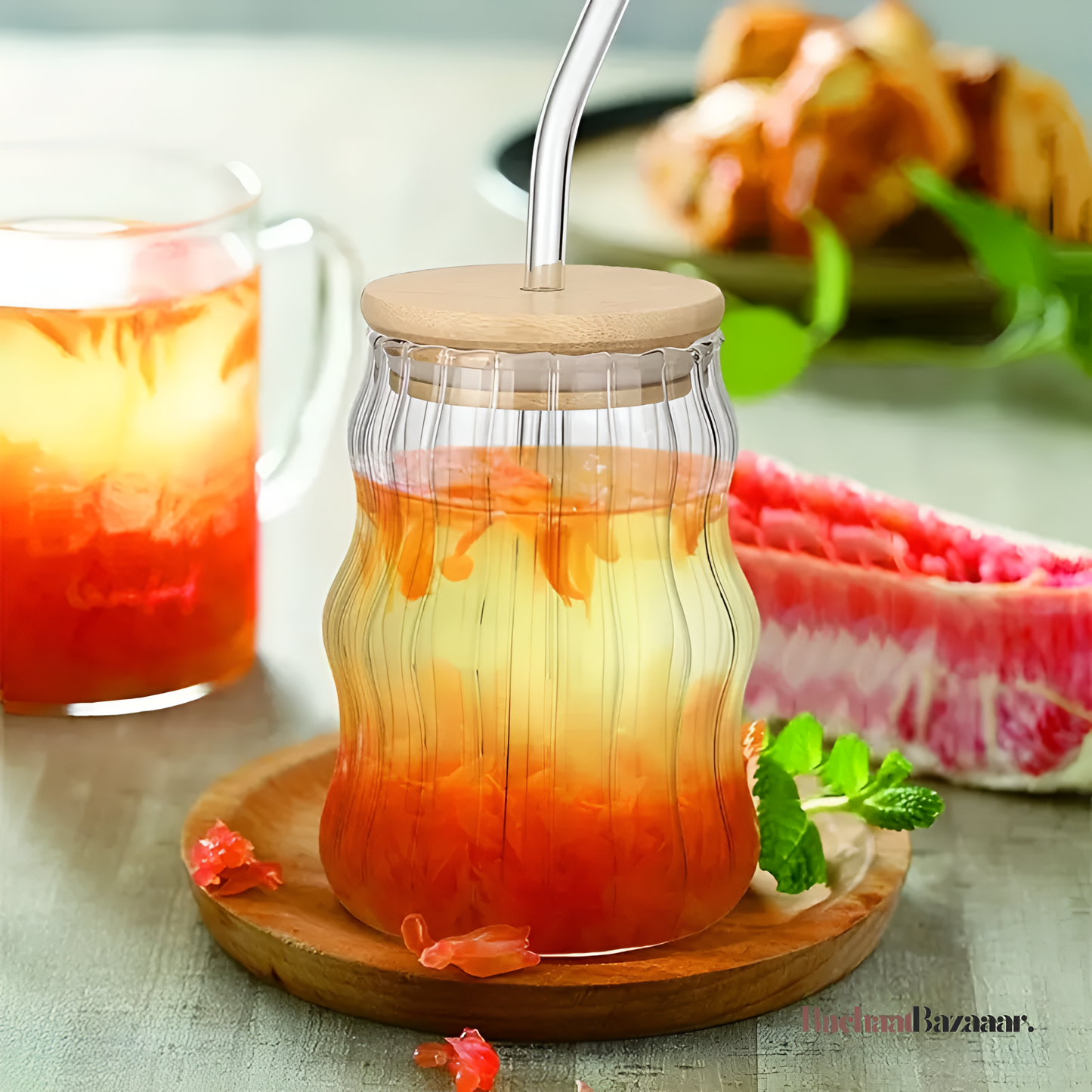 15.2oz Vintage Ribbed Glass Cup with Lid & straw.